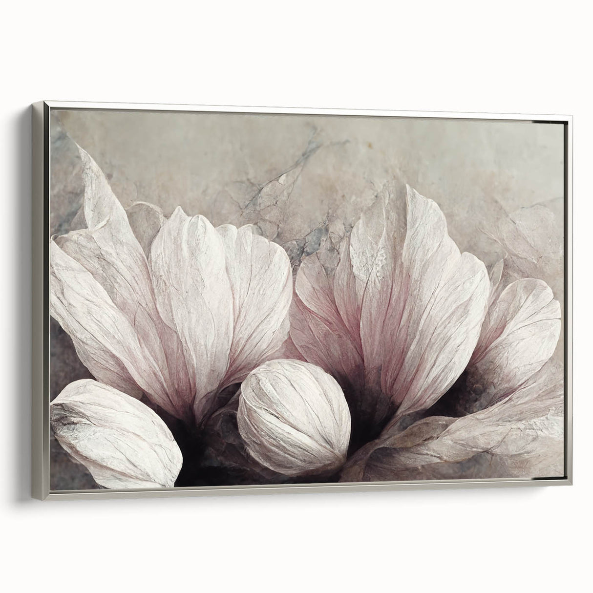 Framed wall art showcasing an abstract floral design with vibrant colors and silver accents, presented at a side angle for detail.