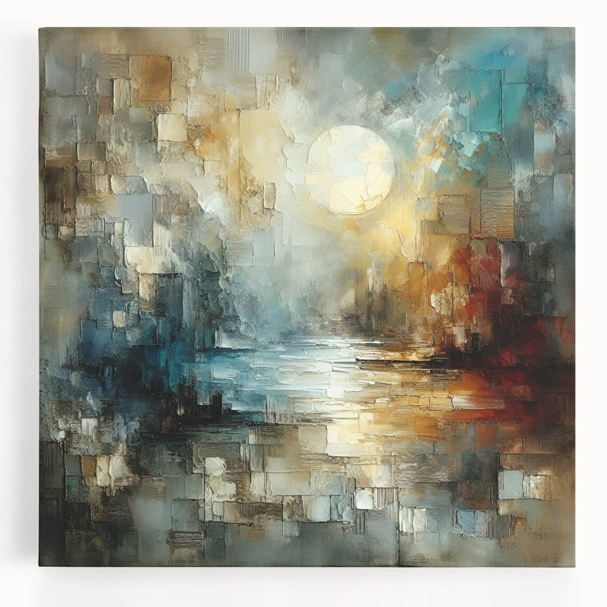 Abstract landscape wall art design on stretched canvas, showcasing vibrant colors and fluid shapes, perfect for modern home decor.