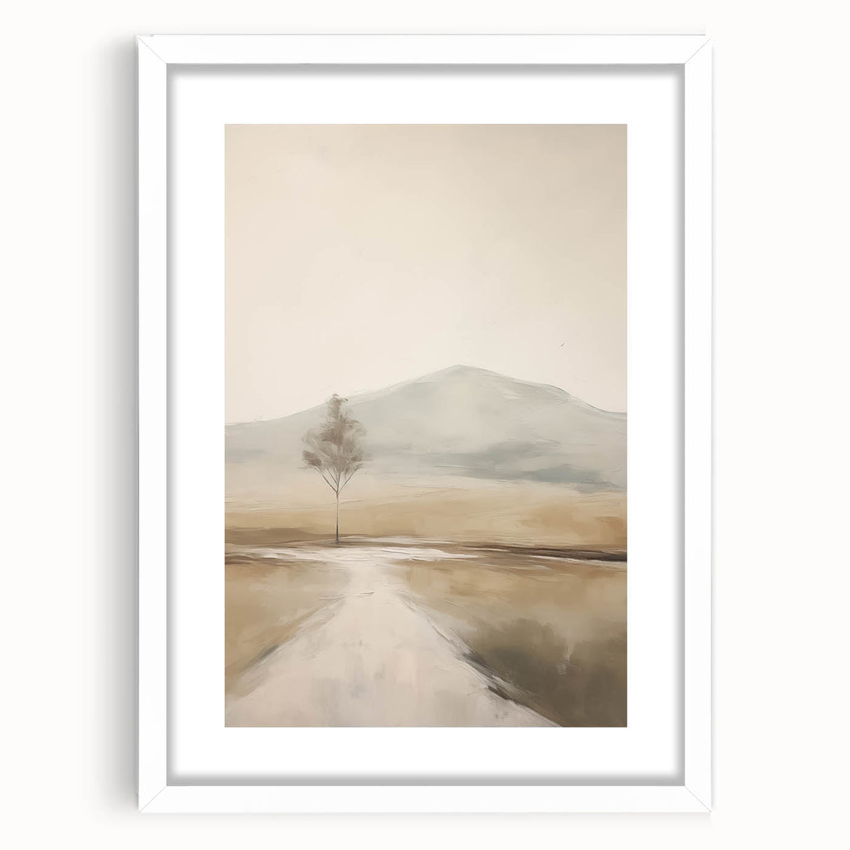 Abstract landscape wall art collection featuring a modern design in soft earth tones, framed with a white mat and visible from the front view, adding elegance to any space.