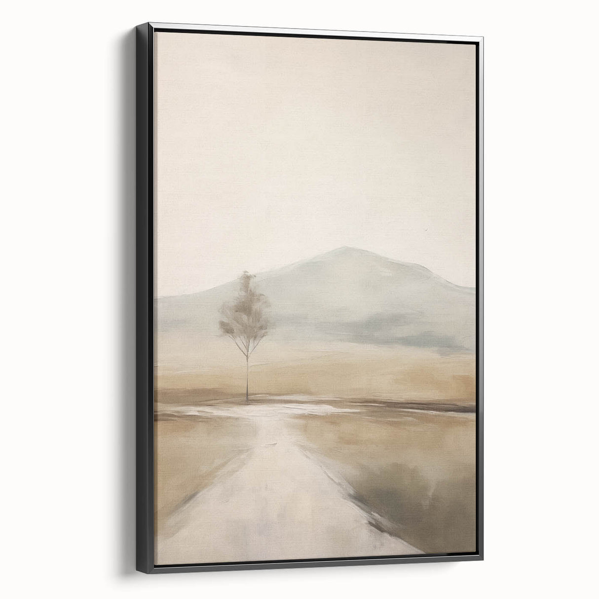 Framed canvas wall art featuring an abstract landscape design in muted colors, showcasing a black frame and side view, perfect for modern home decor.
