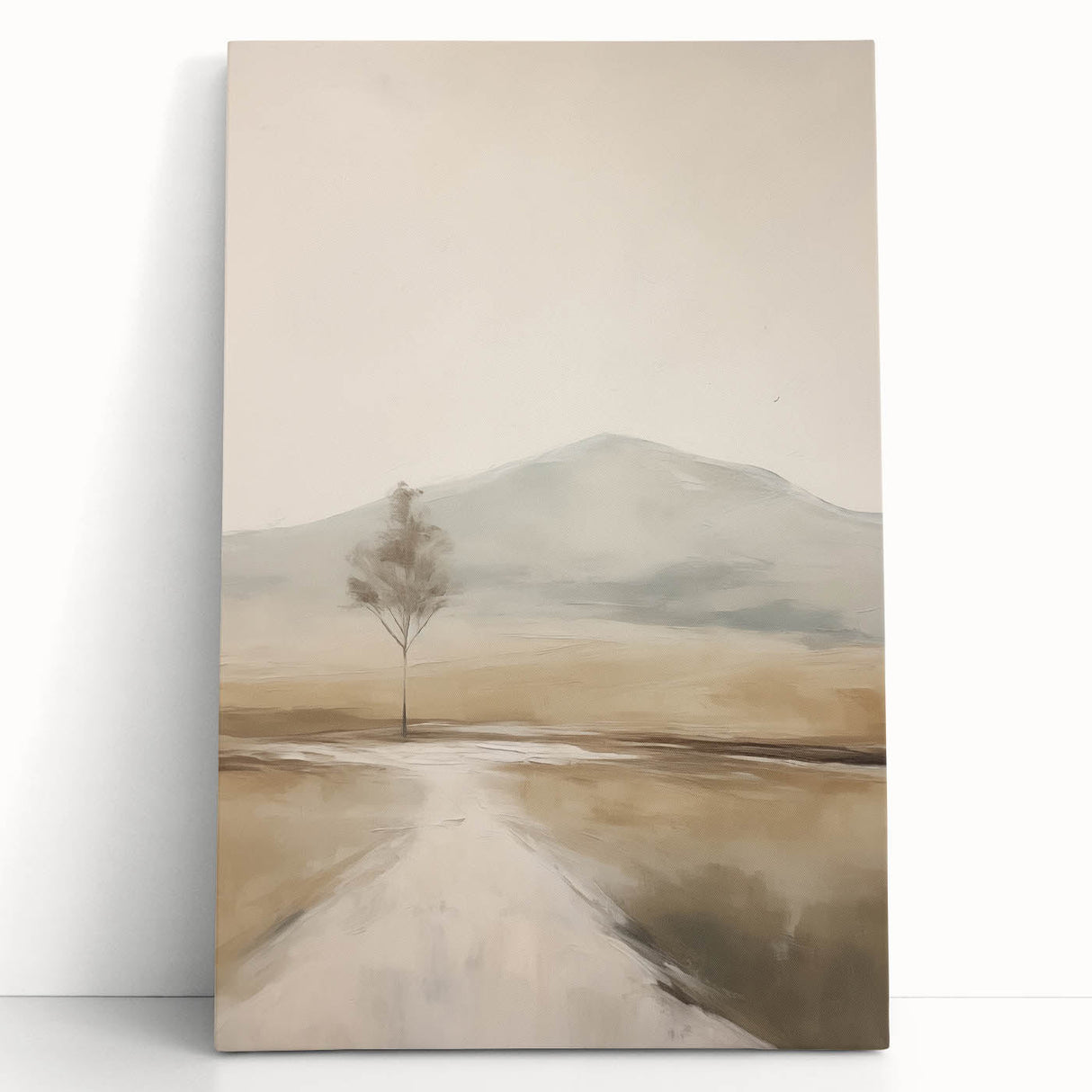 Abstract landscape wall art collection featuring vibrant colors and dynamic shapes on stretched canvas, leaning against a neutral wall for a modern aesthetic.