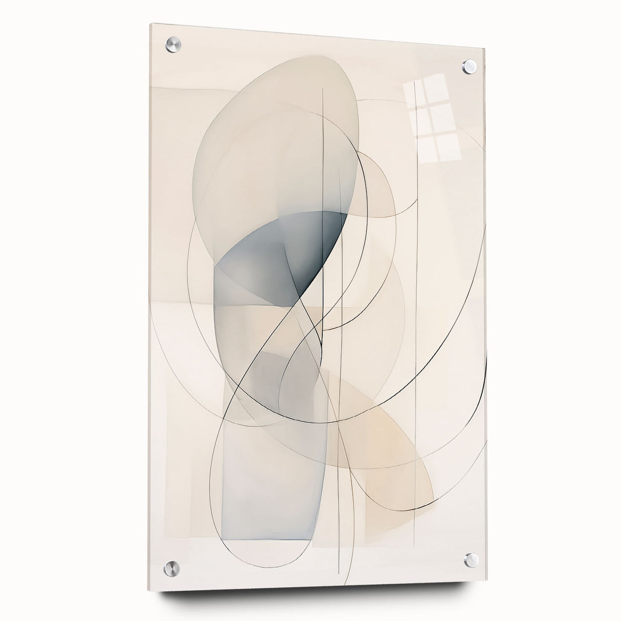 Abstract minimalist wall art collection displayed on acrylic glass, featuring a side view showcasing unique pins. The design emphasizes modern aesthetics with a clean, elegant finish, perfect for contemporary decor.