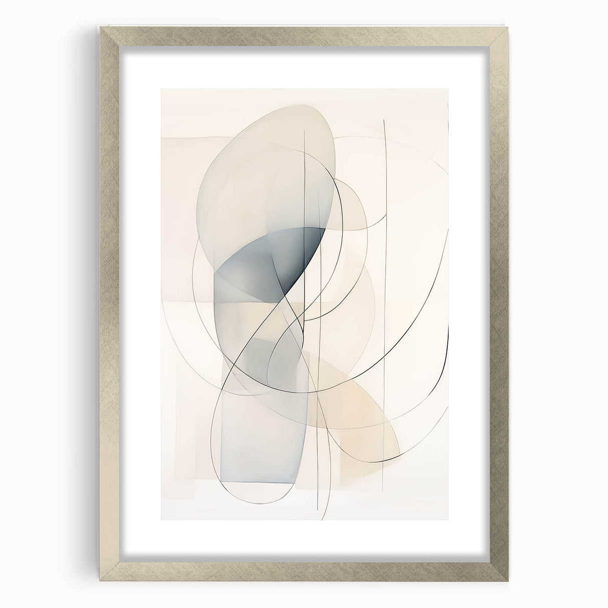 Abstract minimalist wall art framed in silver with a mat, showcasing geometric shapes and soft colors, perfect for modern home decor.