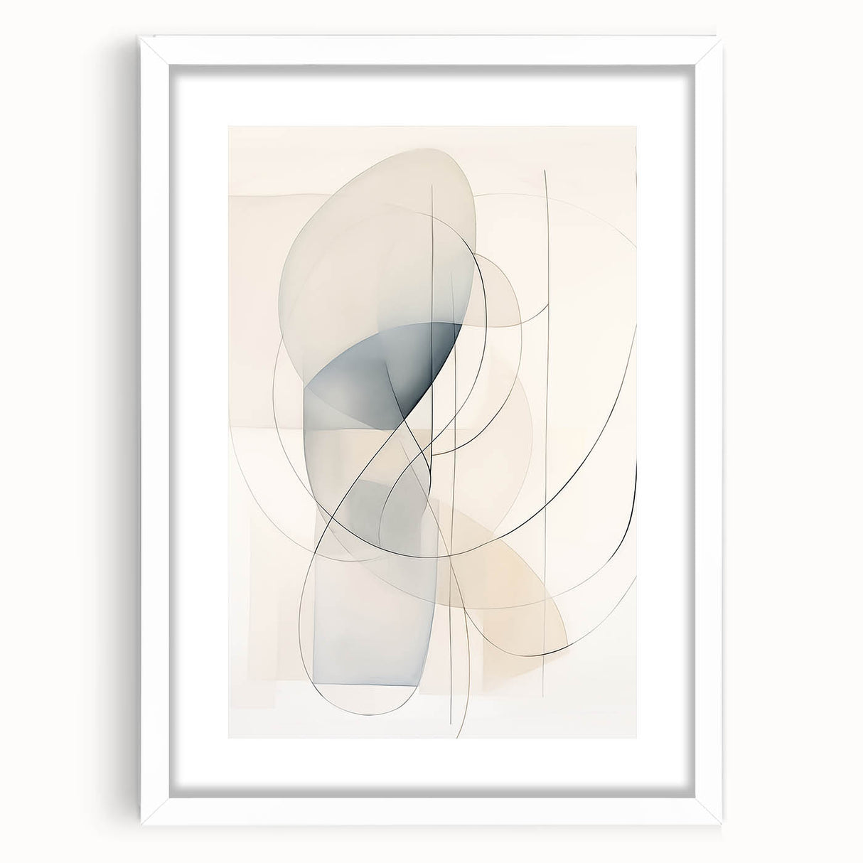 Abstract minimalist wall art print displayed in a white frame with a mat, featuring soft geometric shapes and a neutral color palette, ideal for modern home decor.