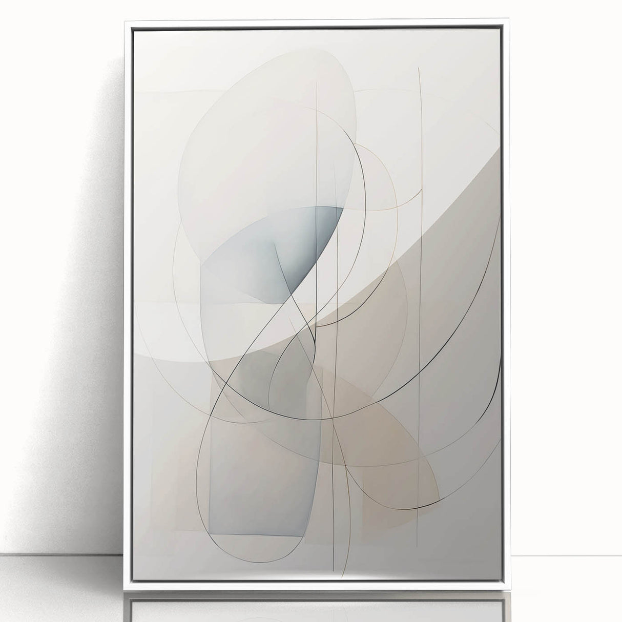 Abstract minimalist wall art piece featuring a framed acrylic design, showcasing geometric shapes in muted tones of white and gray, perfect for modern decor.
