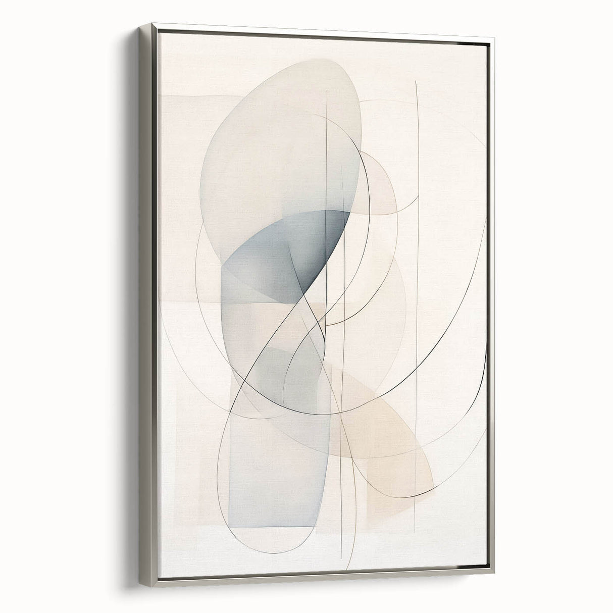 Framed canvas wall art showcasing an abstract minimalist design in silver, highlighting geometric shapes and a sleek modern aesthetic, ideal for contemporary decor.