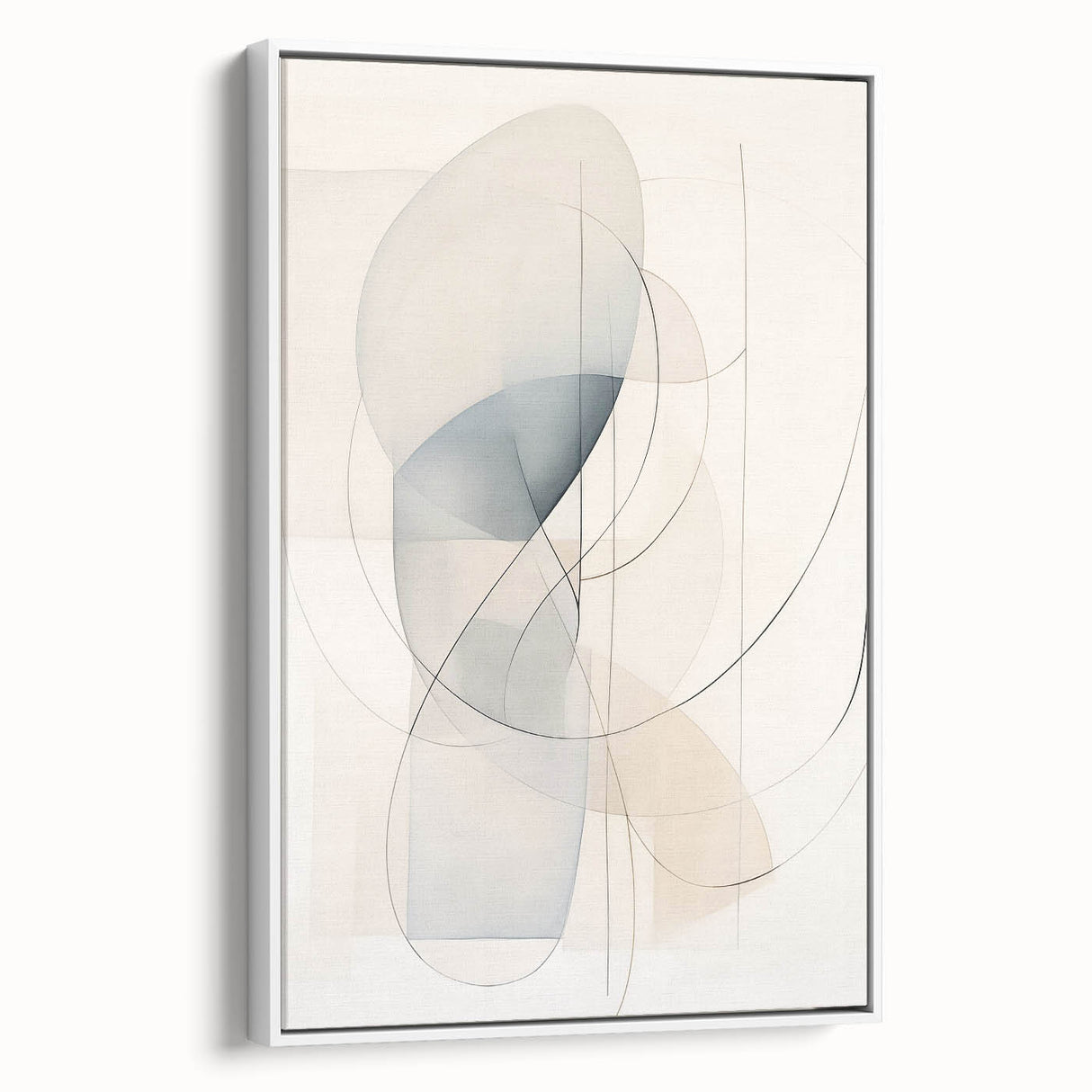 Framed canvas artwork showcasing an abstract minimalist design in a modern setting, featuring soft white tones and sleek lines, perfect for contemporary home decor.