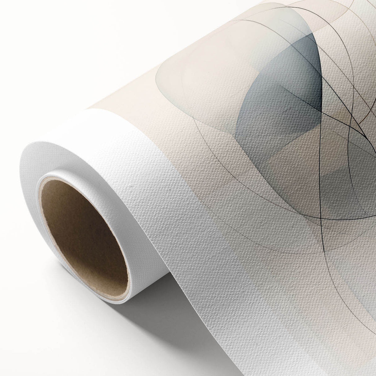 Abstract minimalist wall art design on rolled canvas showcasing soft earth tones and geometric shapes, perfect for modern home decor. Packaged securely in a cardboard tube for safe delivery.