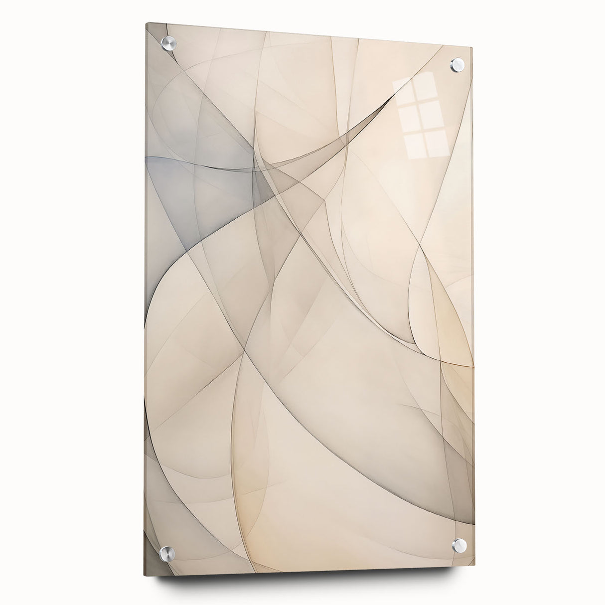 Abstract minimalist wall art collection displayed in an acrylic glass frame, showcasing a side view with decorative pins emphasizing a sleek design ideal for modern interiors.
