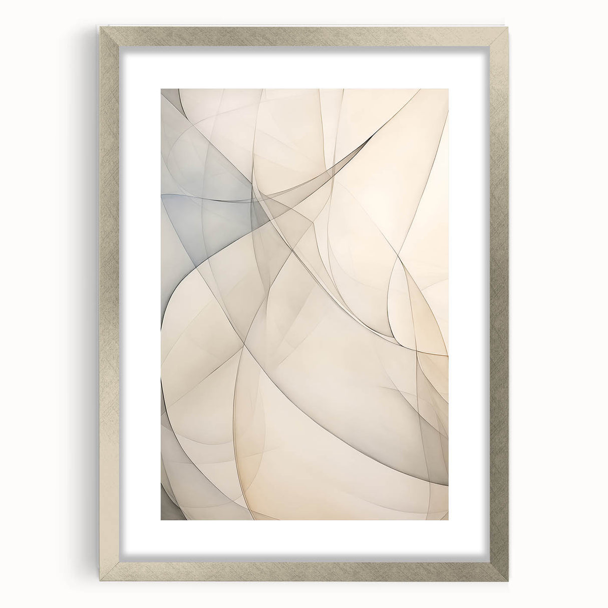 Abstract minimalist wall art design featuring a silver-framed piece with a white mat, showcasing geometric shapes. Ideal for modern home decor.