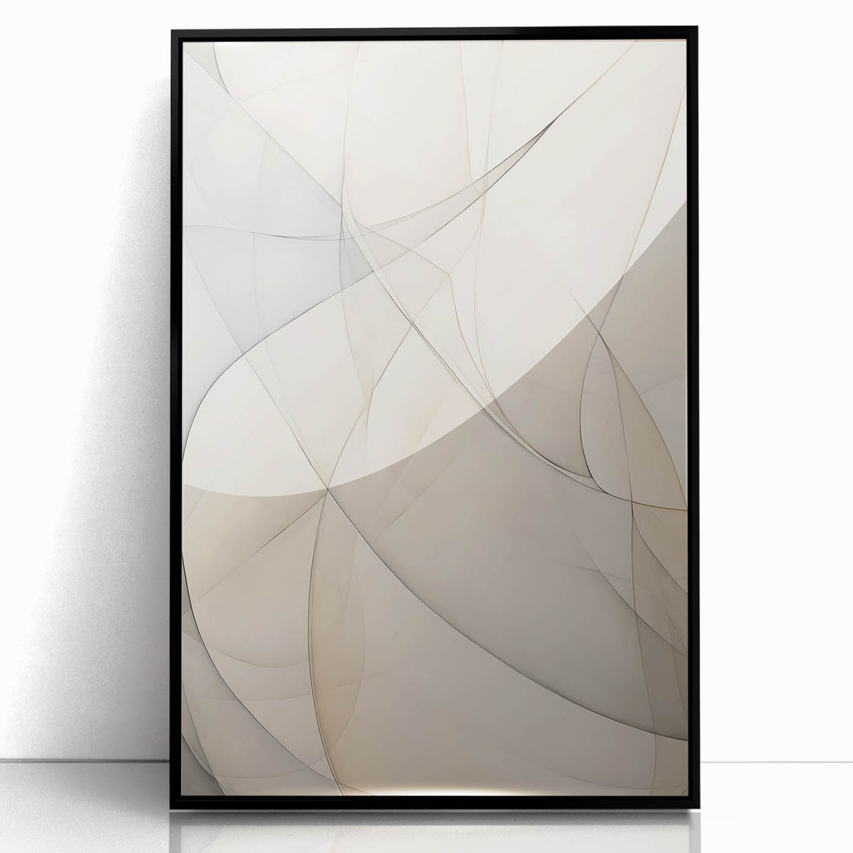 Framed acrylic wall art featuring an abstract minimalist design with a sleek black frame, showcasing geometric shapes and soft color gradients, perfect for modern decor.