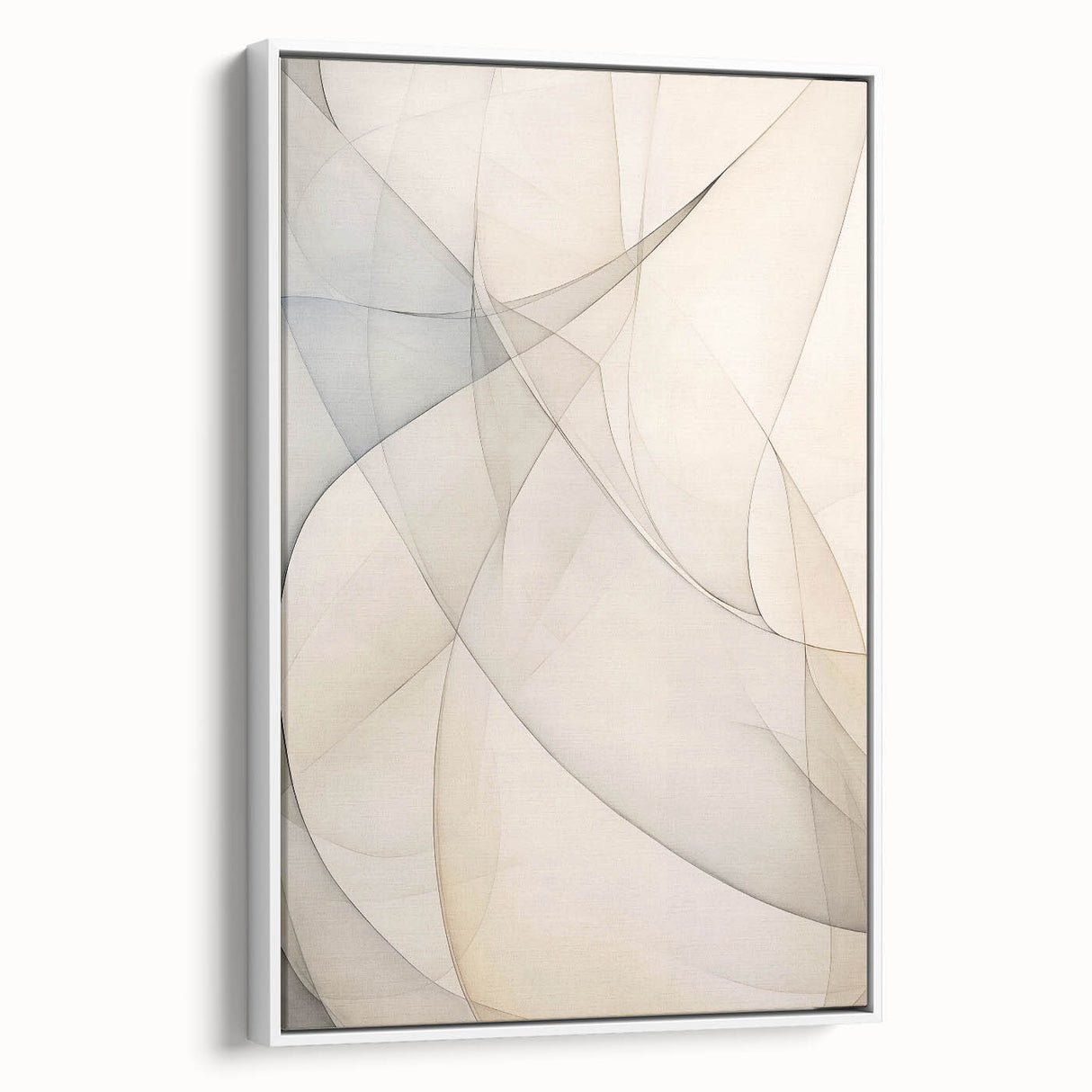 Framed canvas art displaying an abstract minimalist design with soft pastel colors against a white background, showcasing modern decor style for contemporary interiors.