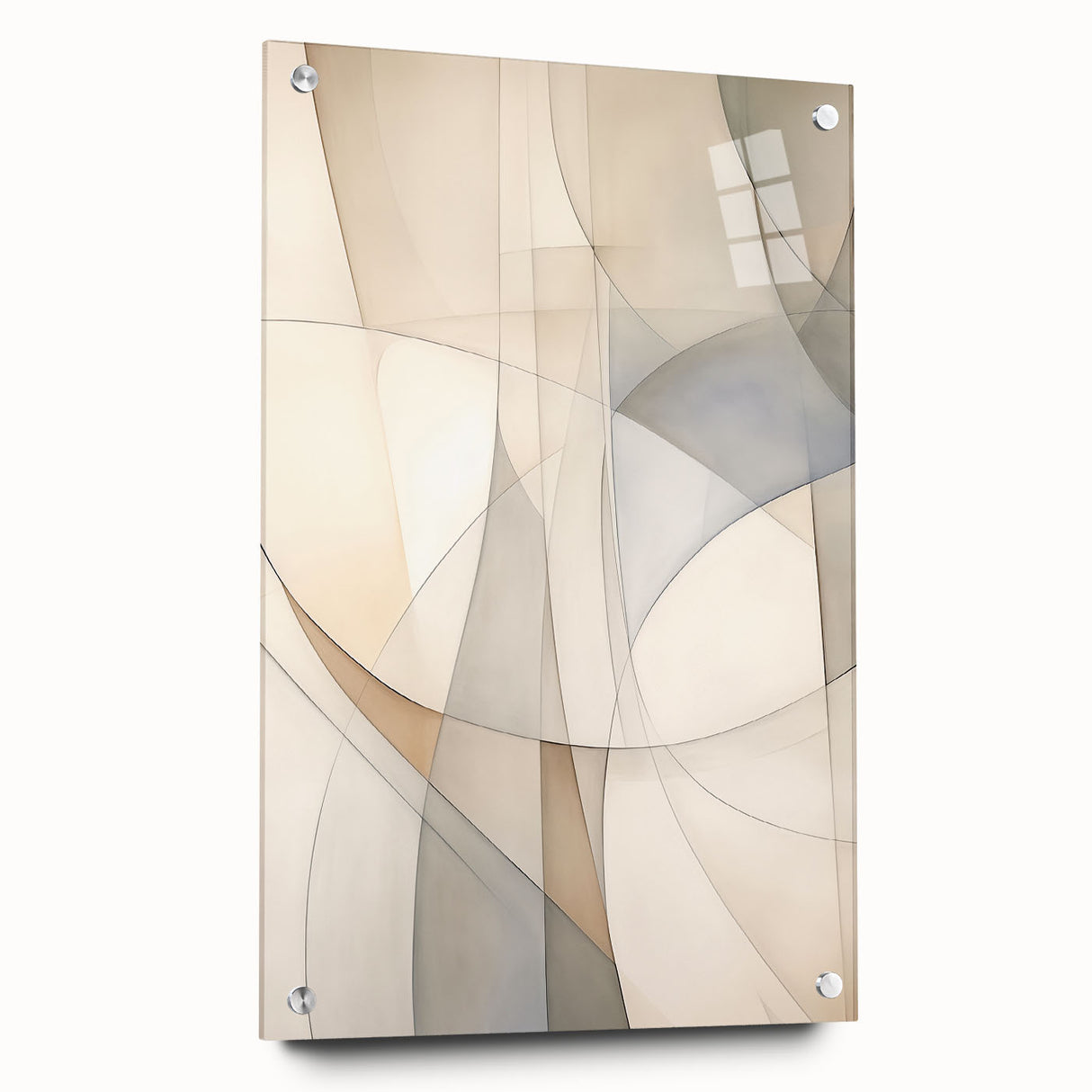 Abstract minimalist wall art featuring a collection of geometric designs in soft colors, displayed in a side view with acrylic glass and pinned for a modern aesthetic.