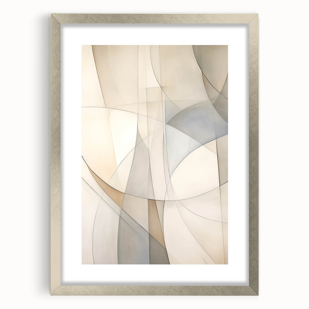 Abstract minimalist wall art design showcasing a silver-framed print with a mat, emphasizing modern aesthetics and sophistication, perfect for contemporary decor.