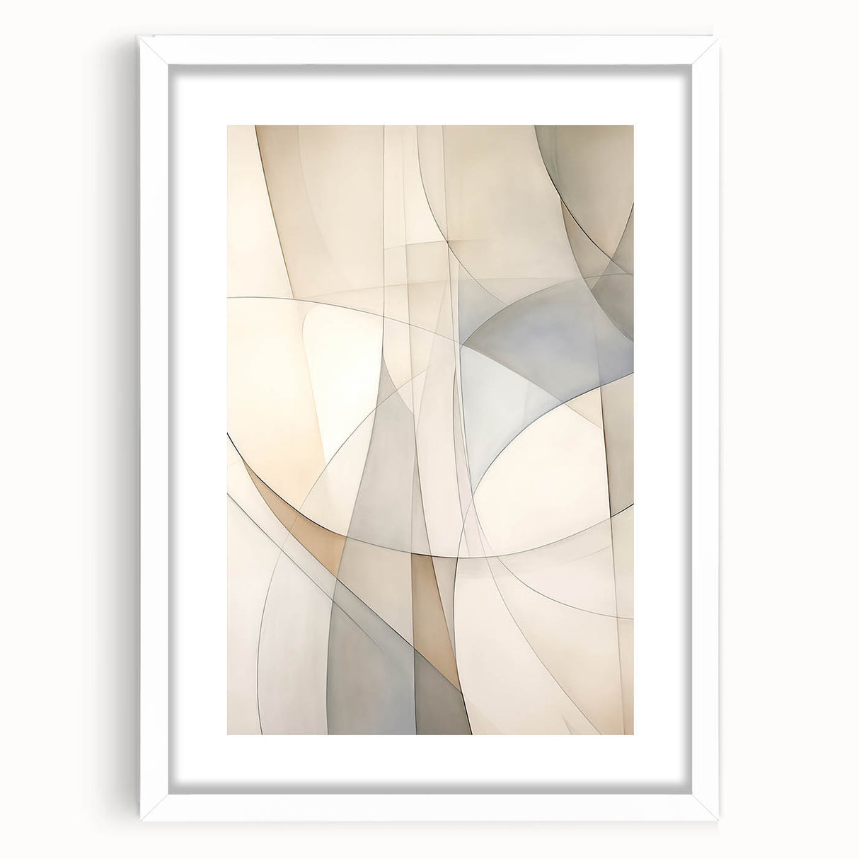Abstract minimalist wall art design featuring a framed print with matting in white, showcasing geometric shapes and soft color tones, ideal for modern decor.