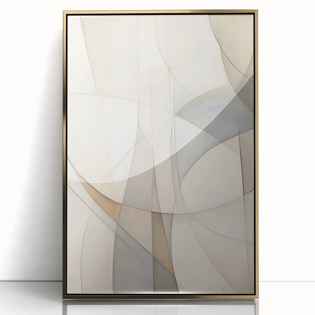 Framed wall art featuring an abstract minimalist design with a gold acrylic finish, showcasing elegant lines and shapes, perfect for modern decor.