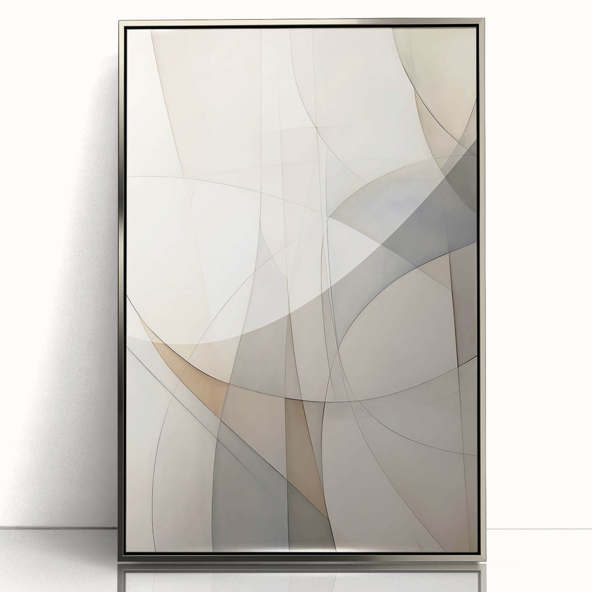 Framed acrylic wall art featuring an abstract minimalist design in silver tones, showcasing a sleek and modern aesthetic perfect for contemporary decor.