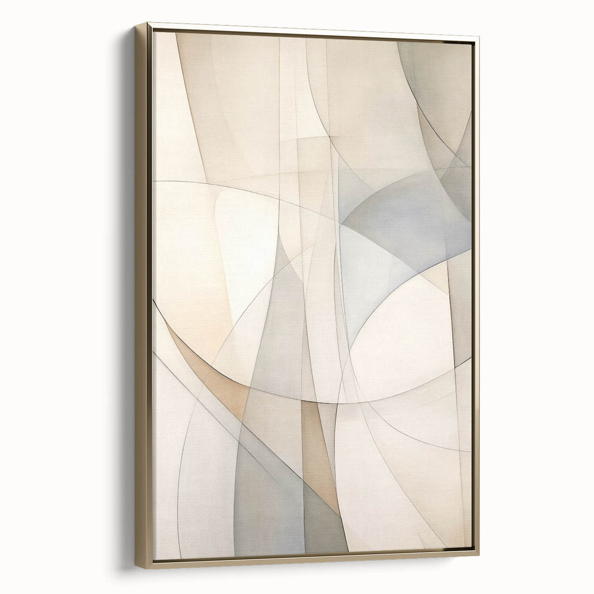 Framed wall art featuring an abstract minimalist design with gold accents, showcasing a side view of the canvas. Ideal for modern home decor and art lovers.