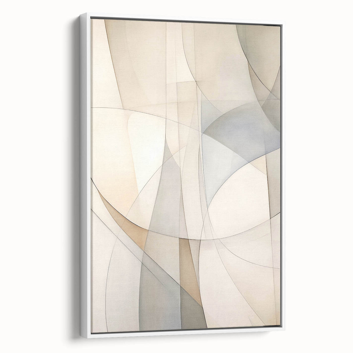 Framed canvas wall art showcasing an abstract minimalist design with soft white tones, presented in a side view that highlights its sleek edges and modern aesthetic. Perfect for contemporary home decor.