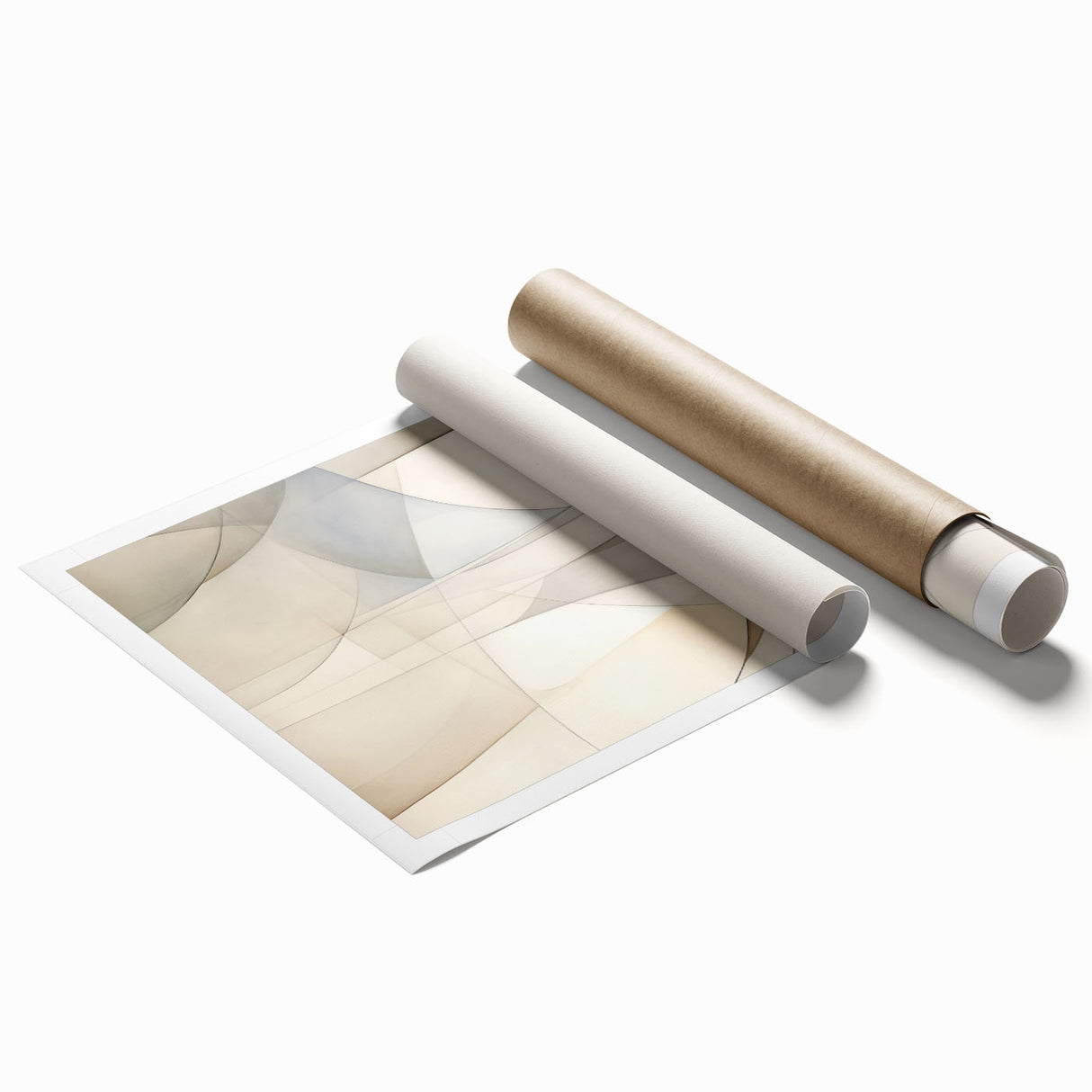 Abstract minimalist wall art design showcasing soft pastel colors and geometric shapes, rolled up for easy shipping in a protective cardboard tube, perfect for modern decor.