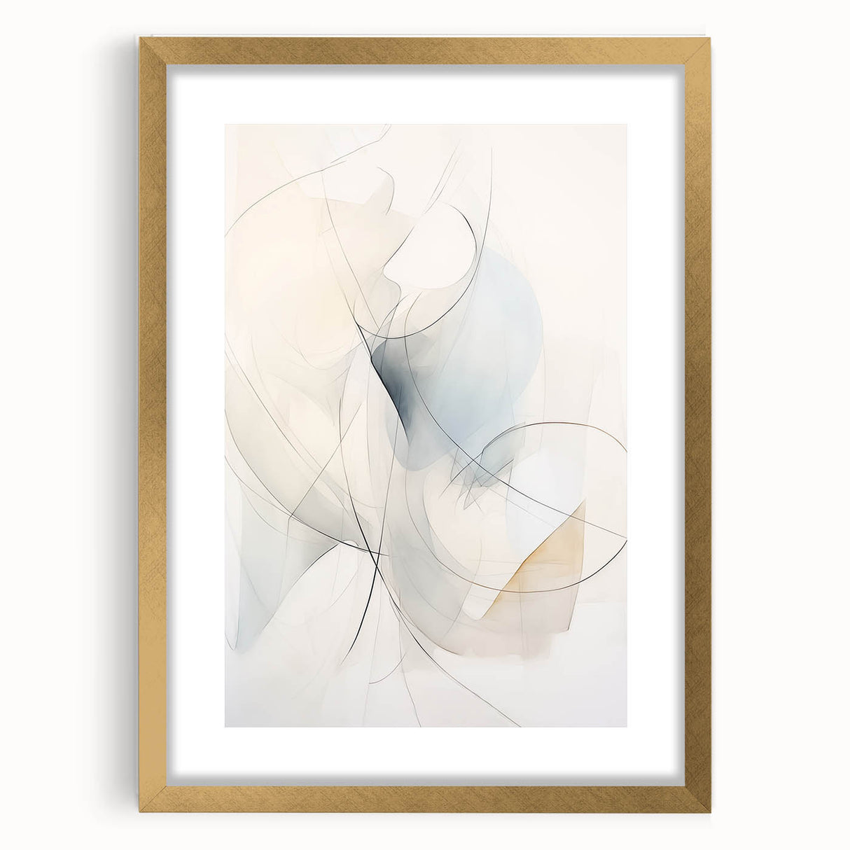 Gold-framed abstract minimalist wall art featuring a sleek design with a mat, ideal for modern decor. Perfect addition to elevate any living space aesthetic.