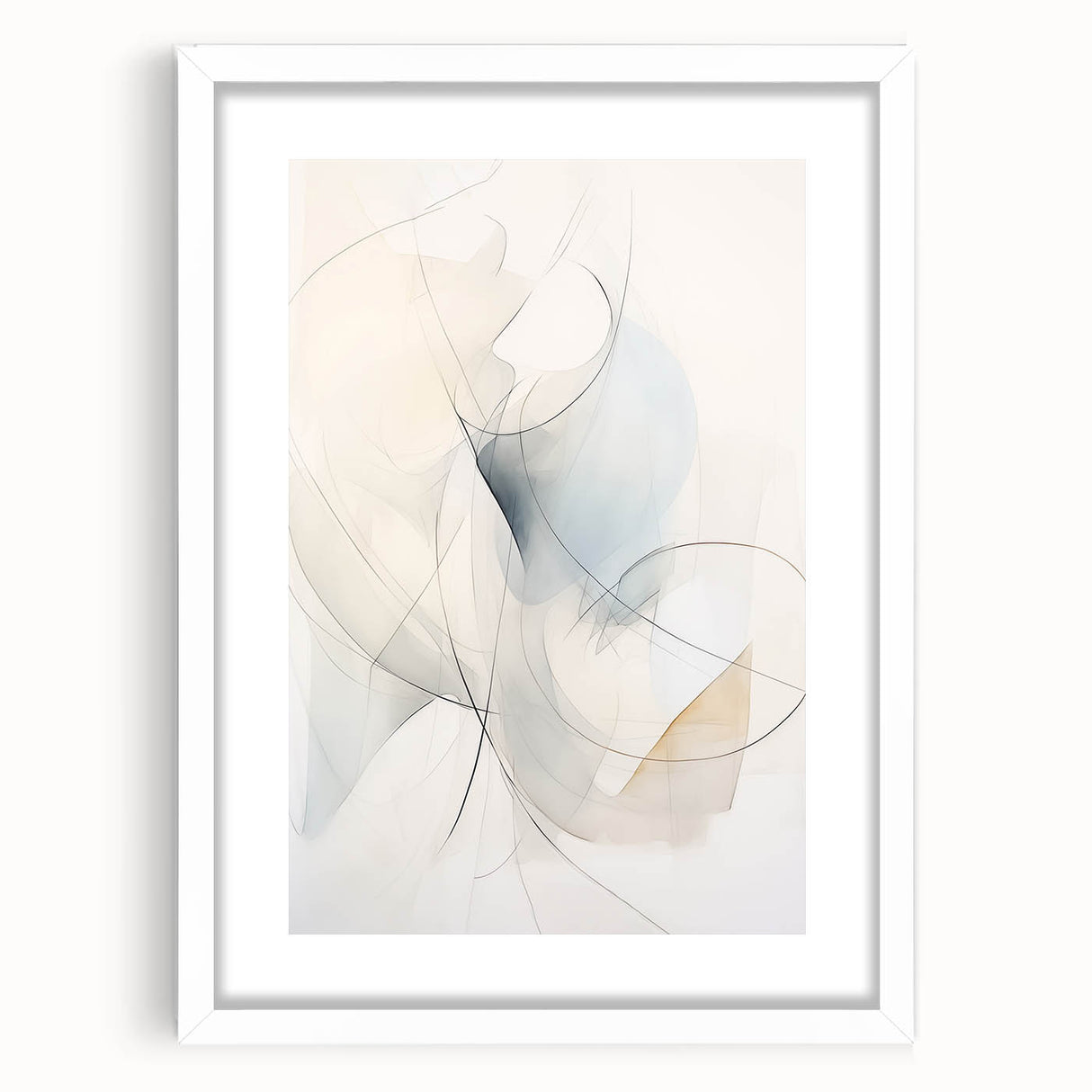 Elegant abstract minimalist wall art design framed in white, showcasing soft geometric shapes with a vibrant color palette, perfect for modern decor.