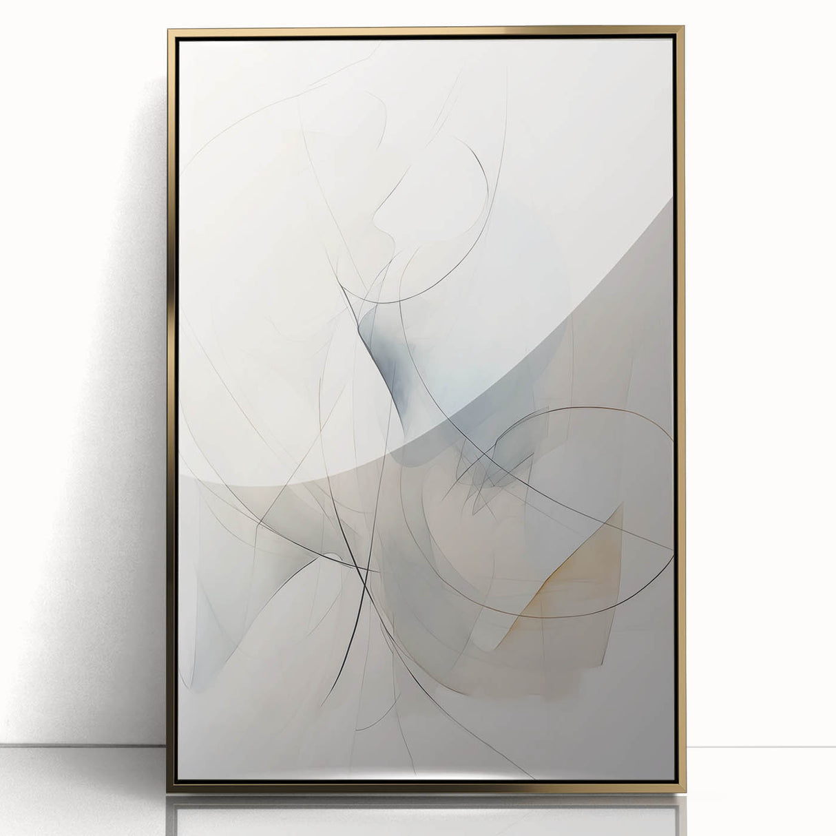 Framed abstract minimalist wall art design with a gold accent, showcasing a sleek acrylic front. Ideal for modern decor, enhancing any living space with elegance and style.