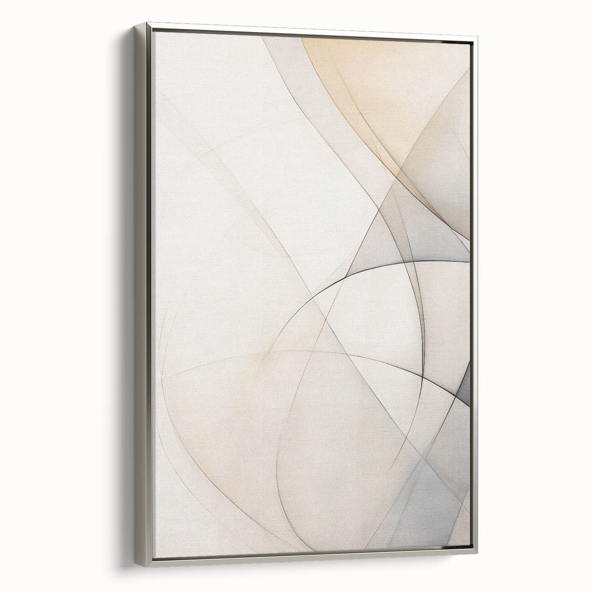 Framed canvas wall art showcasing an abstract minimalist design in silver tones, offering a modern aesthetic for contemporary decor, viewed from the side.