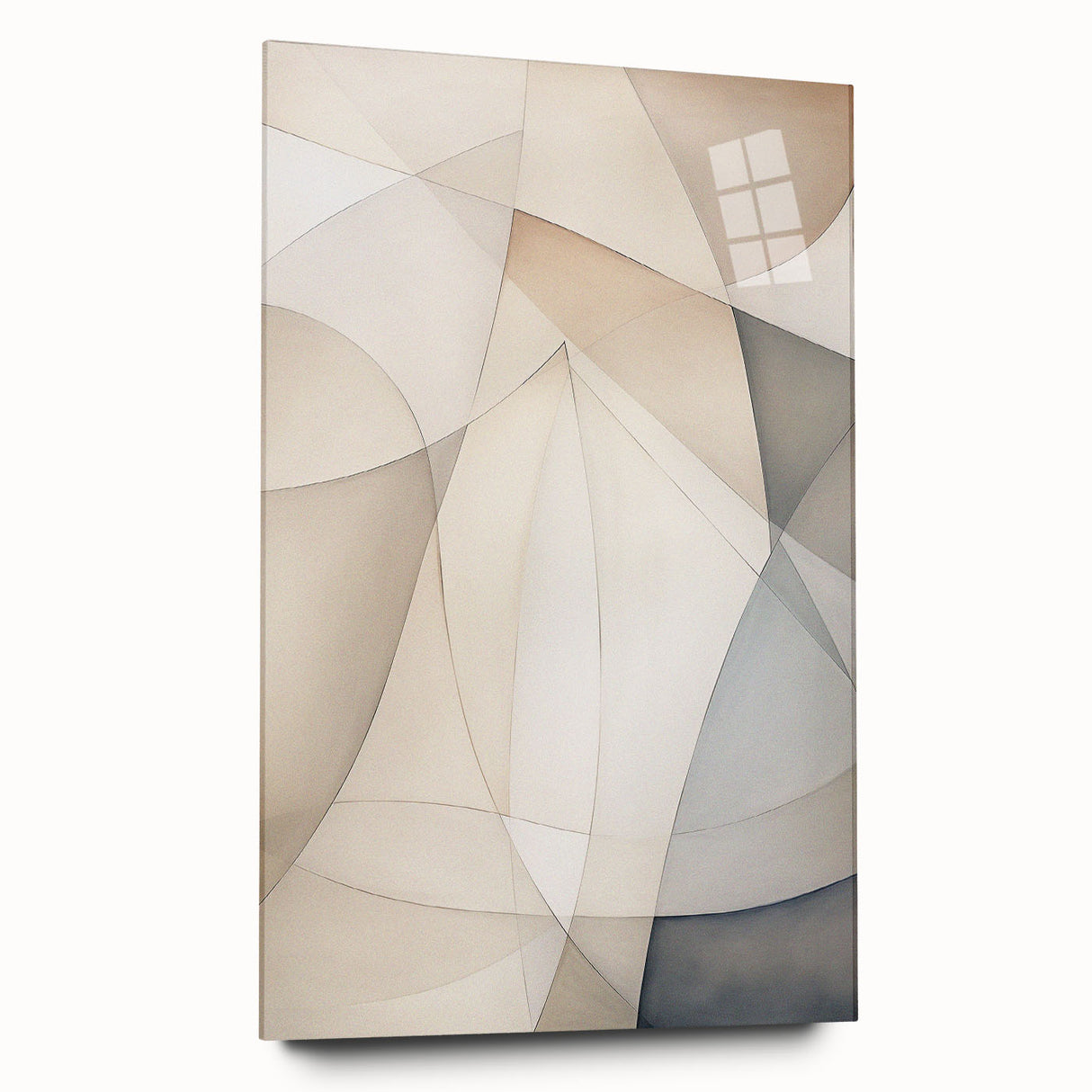 Abstract minimalist wall art collection displayed in acrylic glass, showcasing a clean side view without pins. The design features muted colors and geometric shapes, perfect for modern home decor.