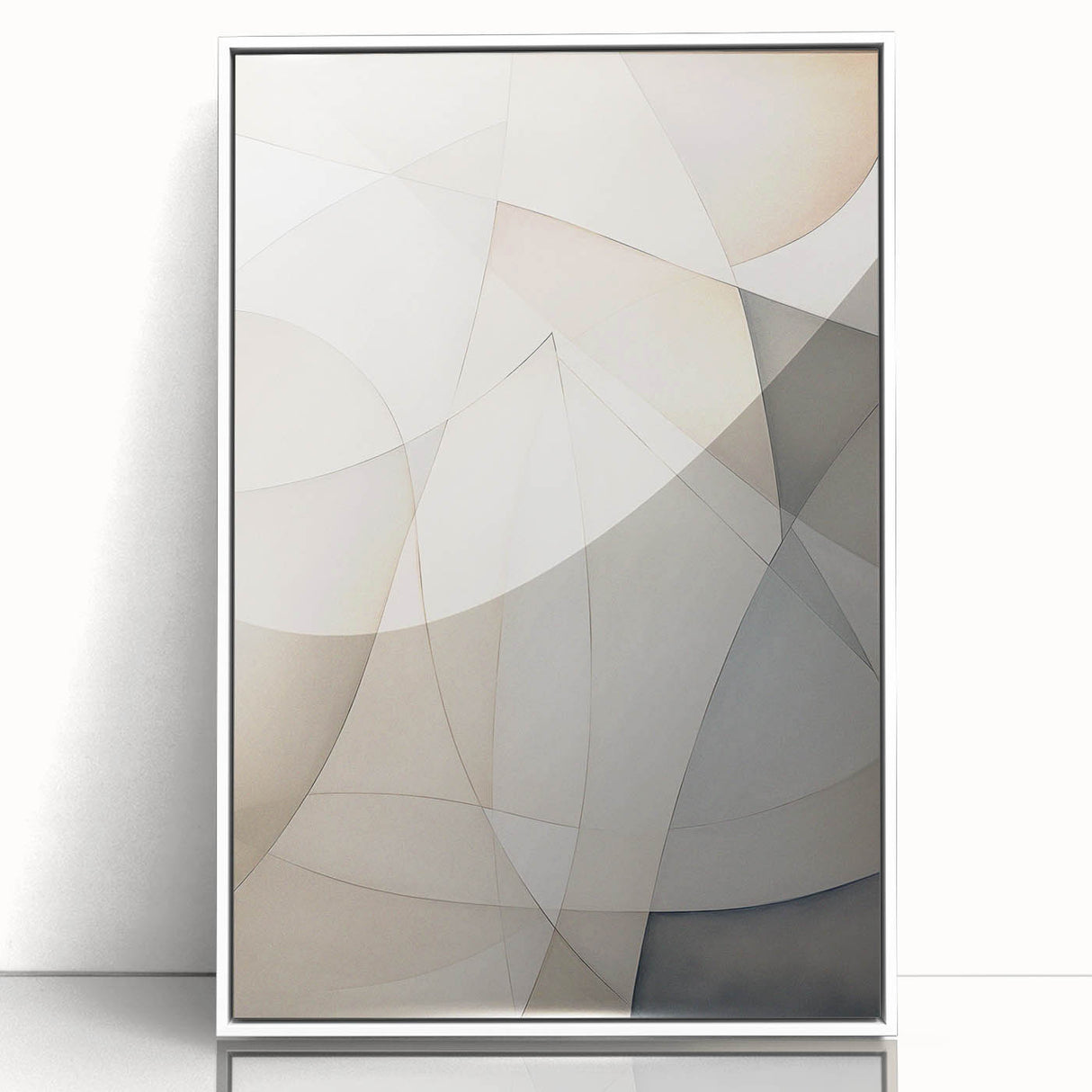 Framed abstract minimalist wall art collection in a sleek white frame, showcasing geometric shapes and soft pastel colors, perfect for modern home decor. The design emphasizes simplicity and elegance, enhancing any interior space.