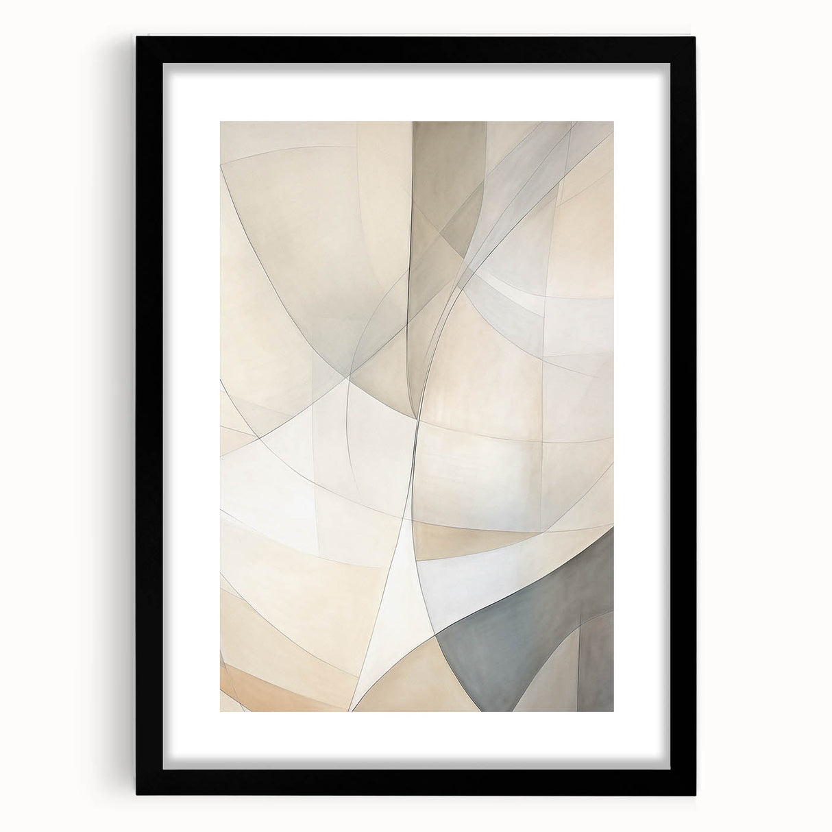 Abstract minimalist design wall art collection featuring a sleek black frame and mat, showcasing geometric shapes and neutral colors, ideal for modern decor.