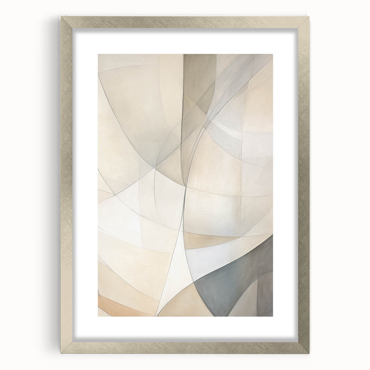 Abstract minimalist wall art design in a silver frame with a mat, showcasing geometric shapes and soft colors, perfect for modern home decor.