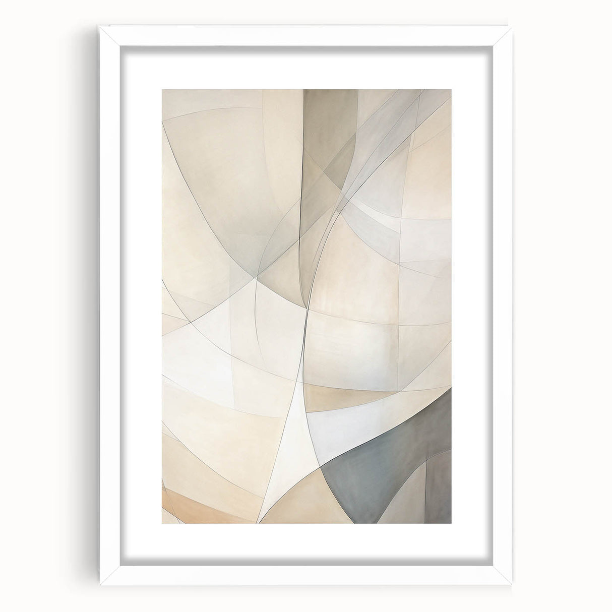 Abstract minimalist wall art design featuring a white frame and mat, showcasing geometric patterns in soft pastel colors, ideal for modern home decor.
