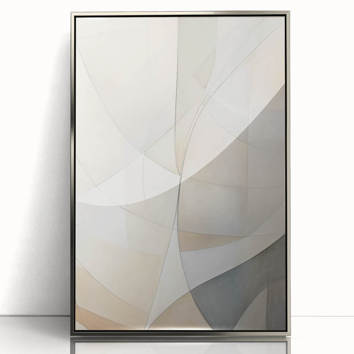 Framed abstract minimalist wall art featuring a silver-acrylic finish, showcasing geometric shapes and soft colors, ideal for modern home decor accents.
