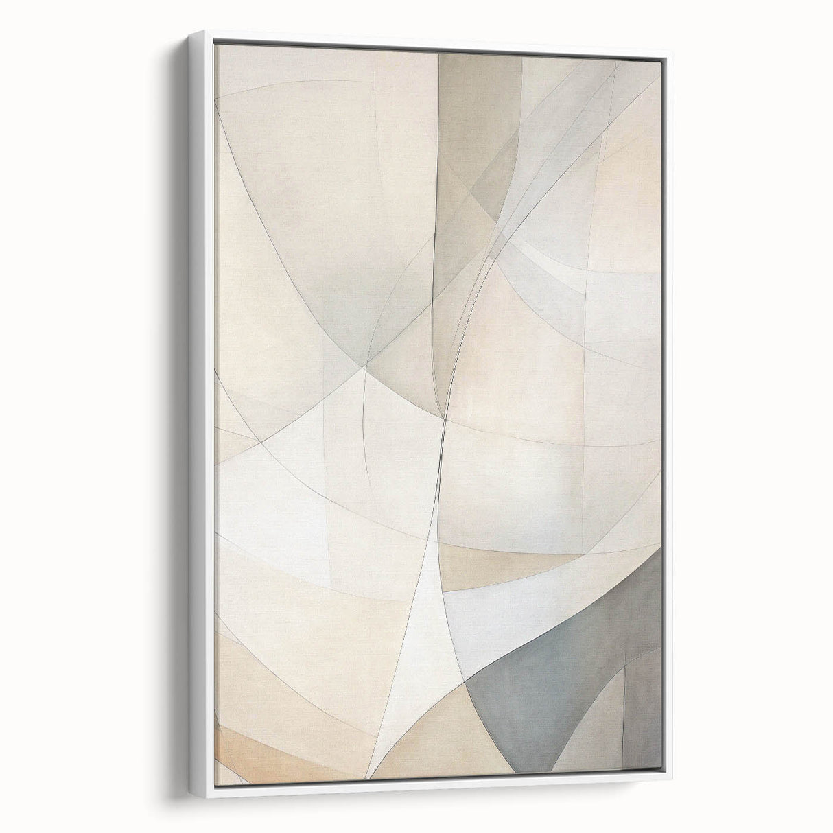 Framed canvas wall art featuring an abstract minimalist design in soothing white tones, showcasing a contemporary aesthetic perfect for modern home decor.