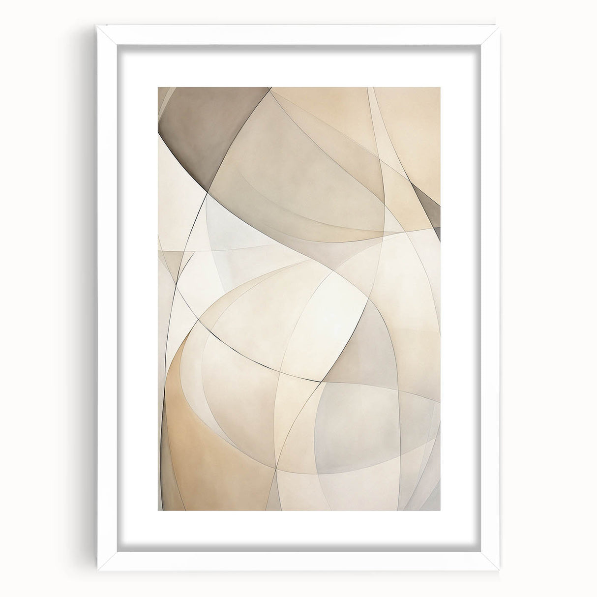 Abstract minimalist wall art design showcasing a framed piece with a white mat, highlighting geometric shapes and soft colors, ideal for modern decor.