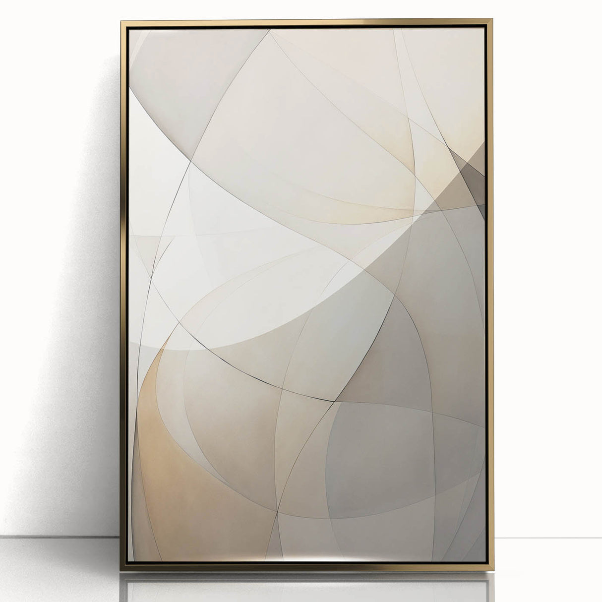 Framed abstract minimalist wall art design featuring a gold acrylic finish, showcasing geometric patterns and sleek lines, perfect for modern home decor.