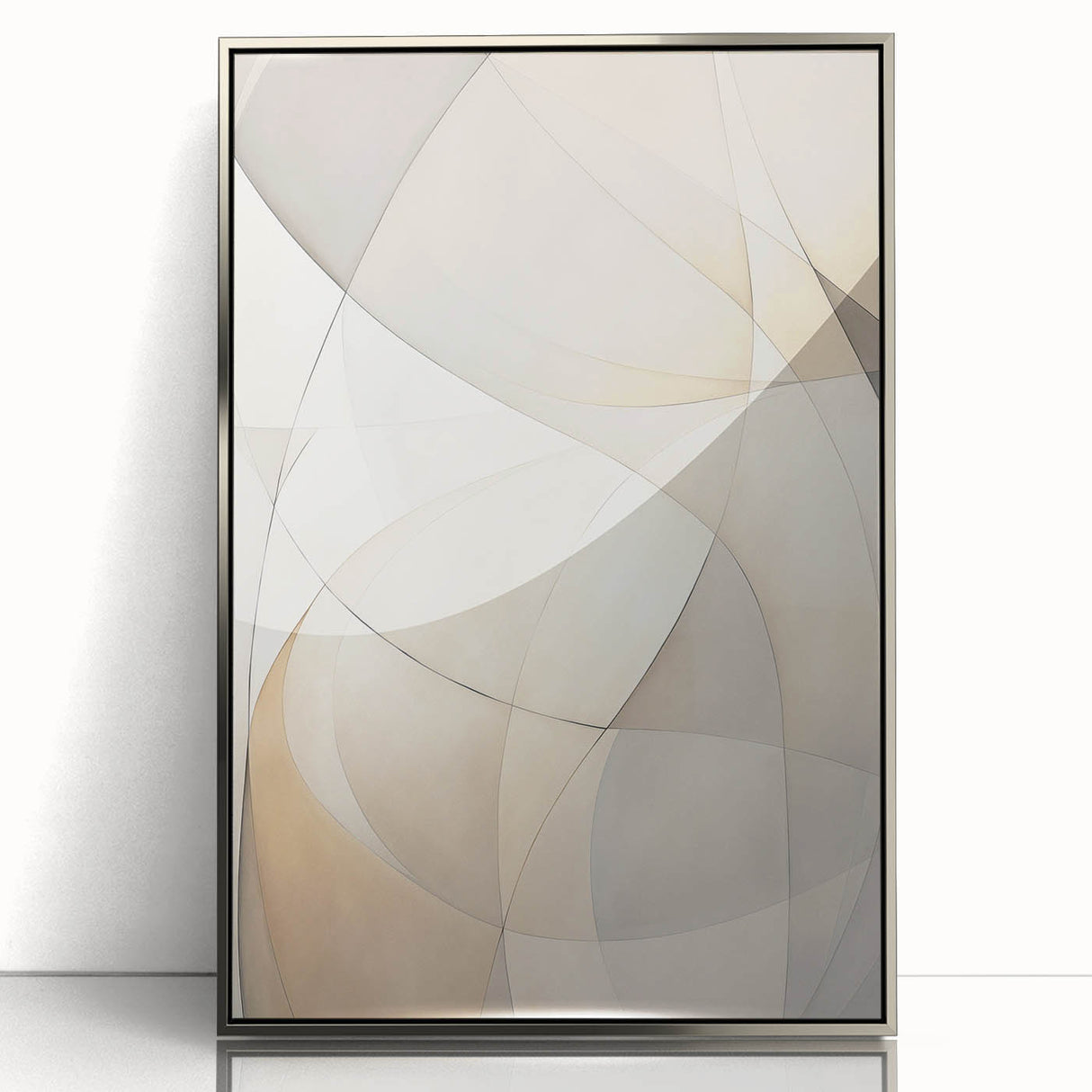 Framed acrylic wall art featuring an abstract minimalist design in silver tones, perfect for modern home decor, emphasizing sleek lines and elegance.