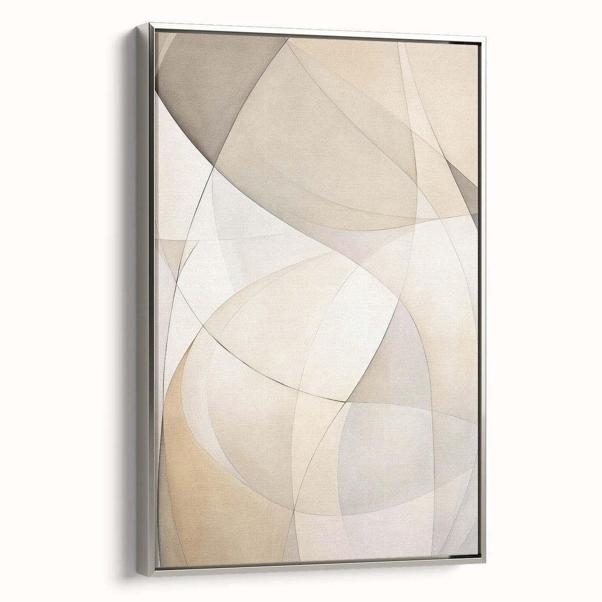 Abstract minimalist wall art featuring a framed canvas design with a sleek silver border, showcasing geometric shapes in muted tones, perfect for modern decor.