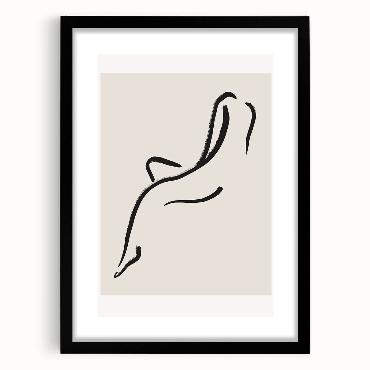 Abstract minimalist wall art piece featuring a sleek black frame and mat, showcasing a contemporary design. Ideal for modern home decor enthusiasts.