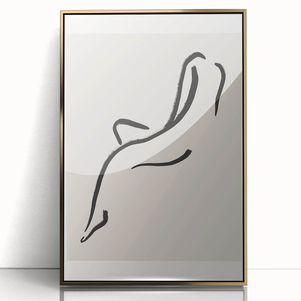 Framed abstract minimalist wall art featuring a gold acrylic design, showcasing a modern aesthetic with clean lines and a sophisticated color palette, ideal for contemporary decor.