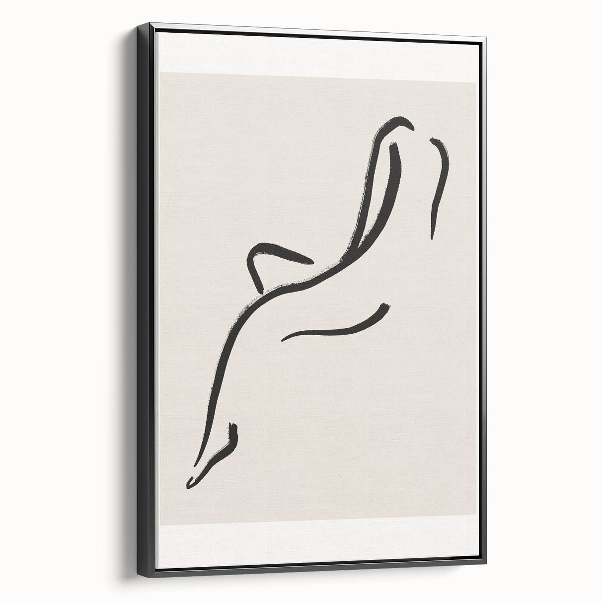 Framed canvas wall art featuring an abstract minimalist design in black, showcasing a sleek side view that emphasizes its contemporary aesthetic, perfect for modern decor.