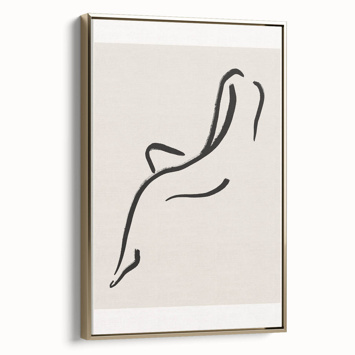 Framed abstract minimalist wall art featuring a gold design, showcasing elegant lines and shapes, perfect for modern decor in living spaces or offices.