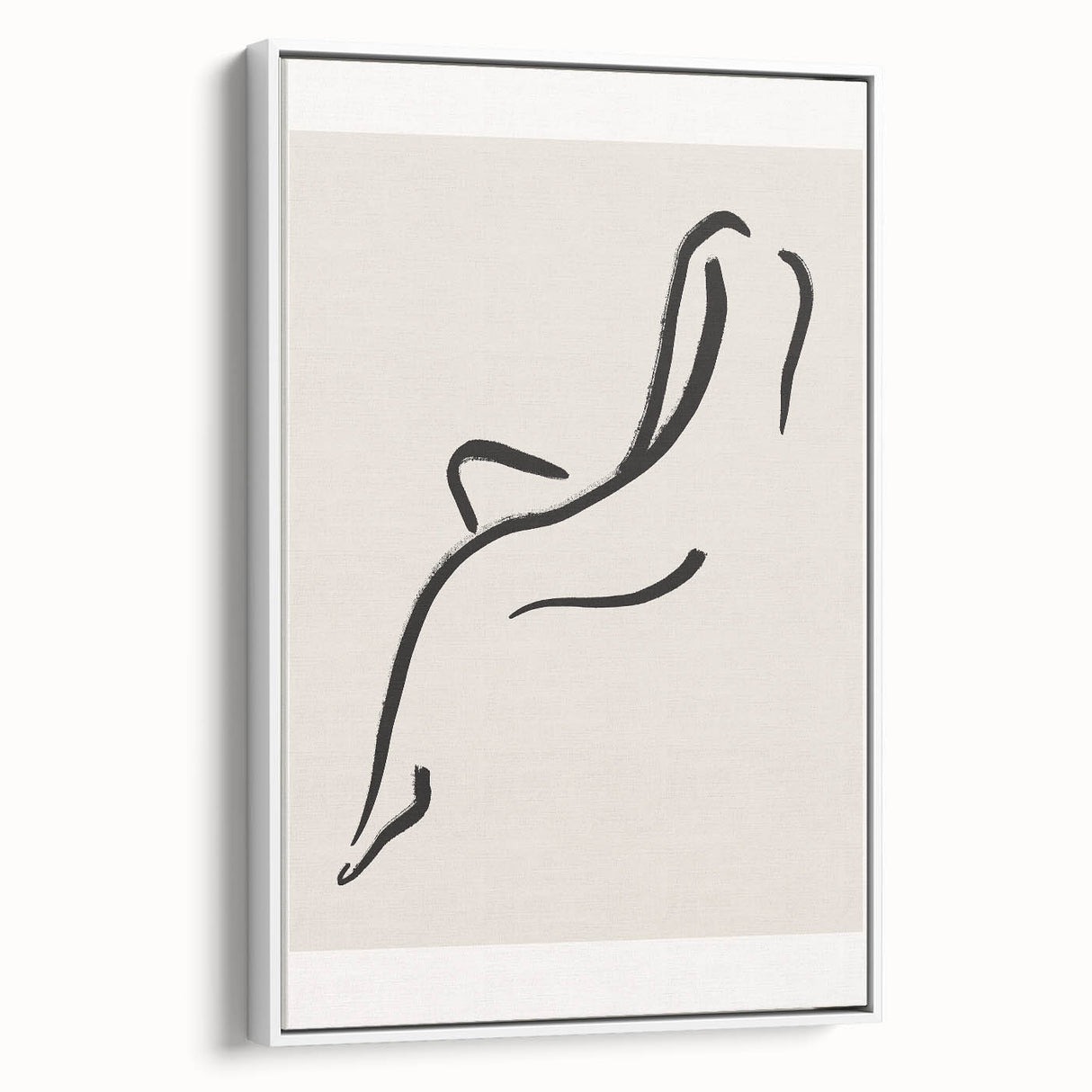 Framed minimalist wall art featuring an abstract design in soft neutral tones, showcasing a white frame and a side view, ideal for modern decor.