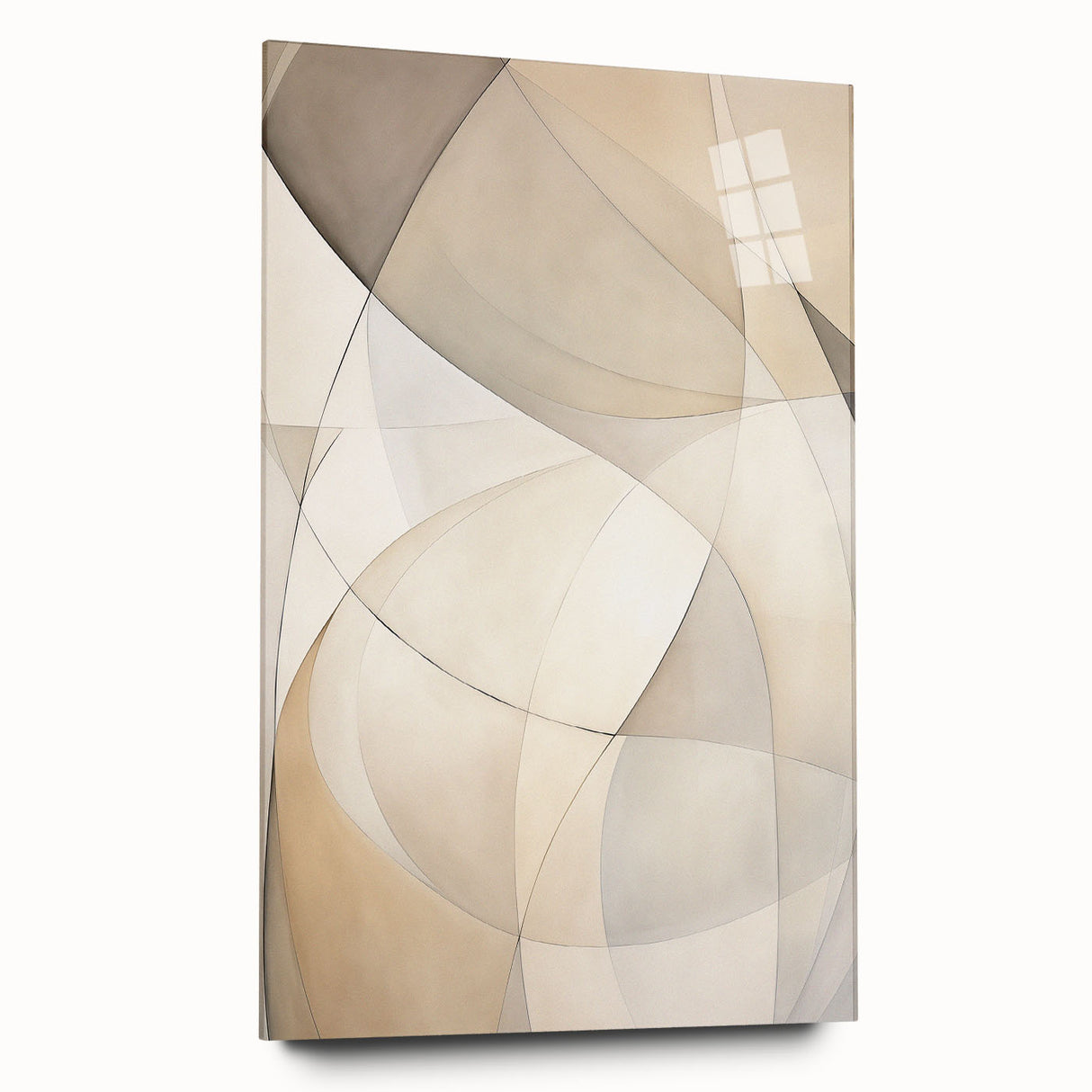 Abstract minimalist wall art collection displayed in a side view, showcasing vibrant colors and clean lines on acrylic glass, perfect for contemporary decor.