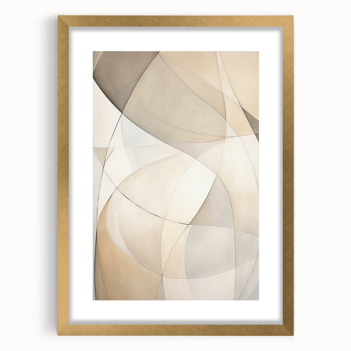 Abstract minimalist wall art design featuring a gold-framed print with a matte finish, showcasing geometric patterns and a modern aesthetic, perfect for contemporary home decor.