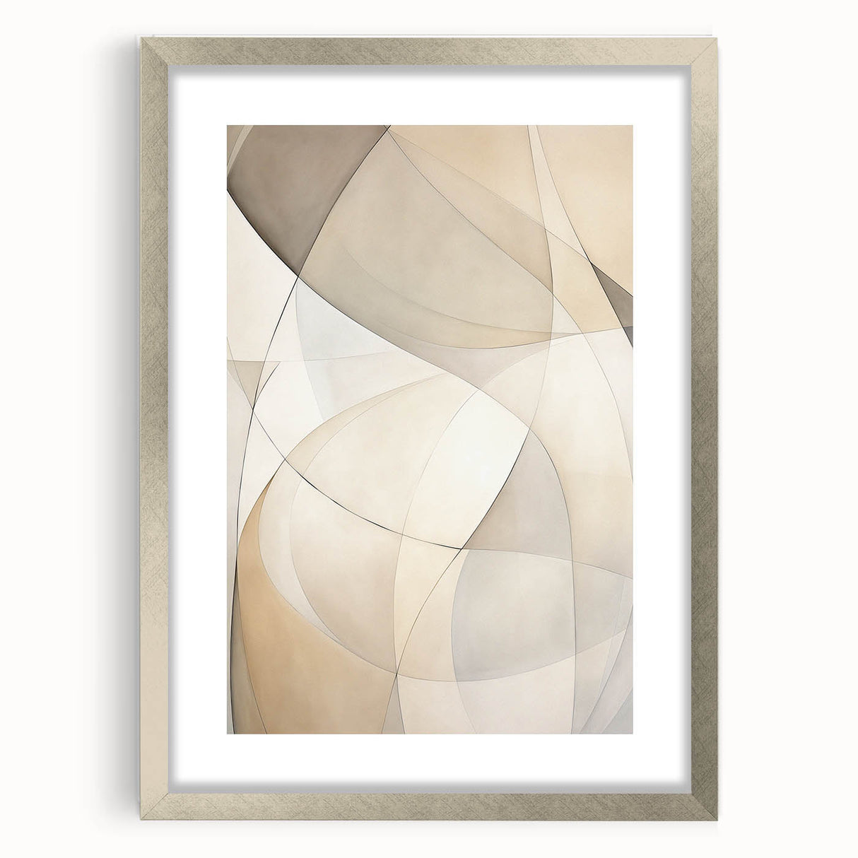 Abstract minimalist wall art design featuring a silver-framed piece with a mat, showcasing elegant simplicity and modern aesthetics, ideal for contemporary decor.