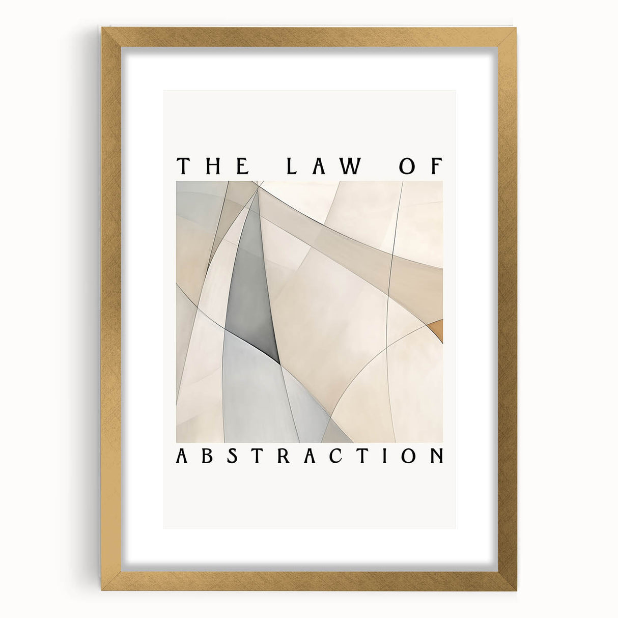 Abstract minimalist wall art design featuring a gold-framed picture with a mat, showcasing geometric shapes in a soft color palette, perfect for modern home decor.