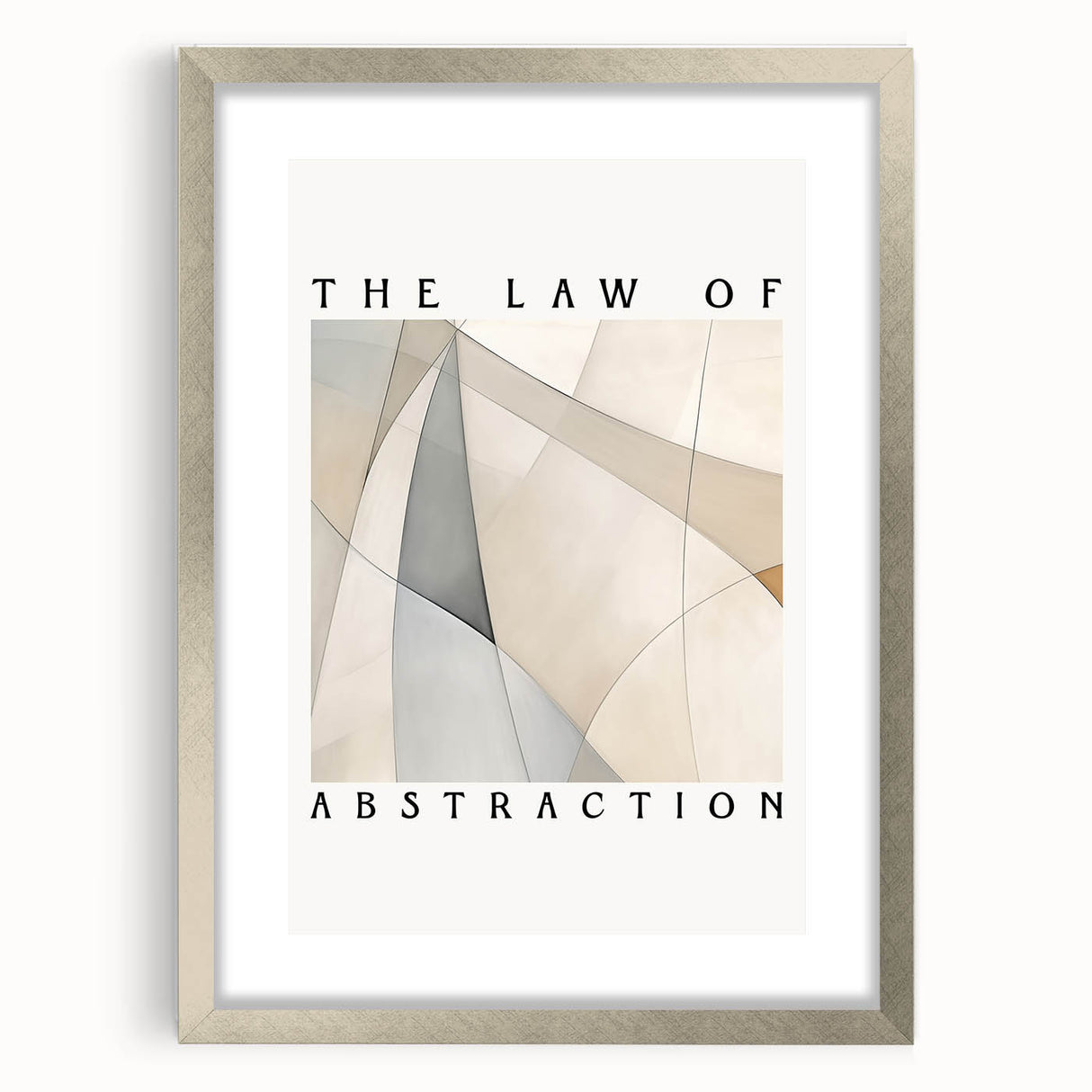 Abstract minimalist wall art design framed in silver with a mat, showcasing geometric patterns and soft color tones, perfect for modern home decor.