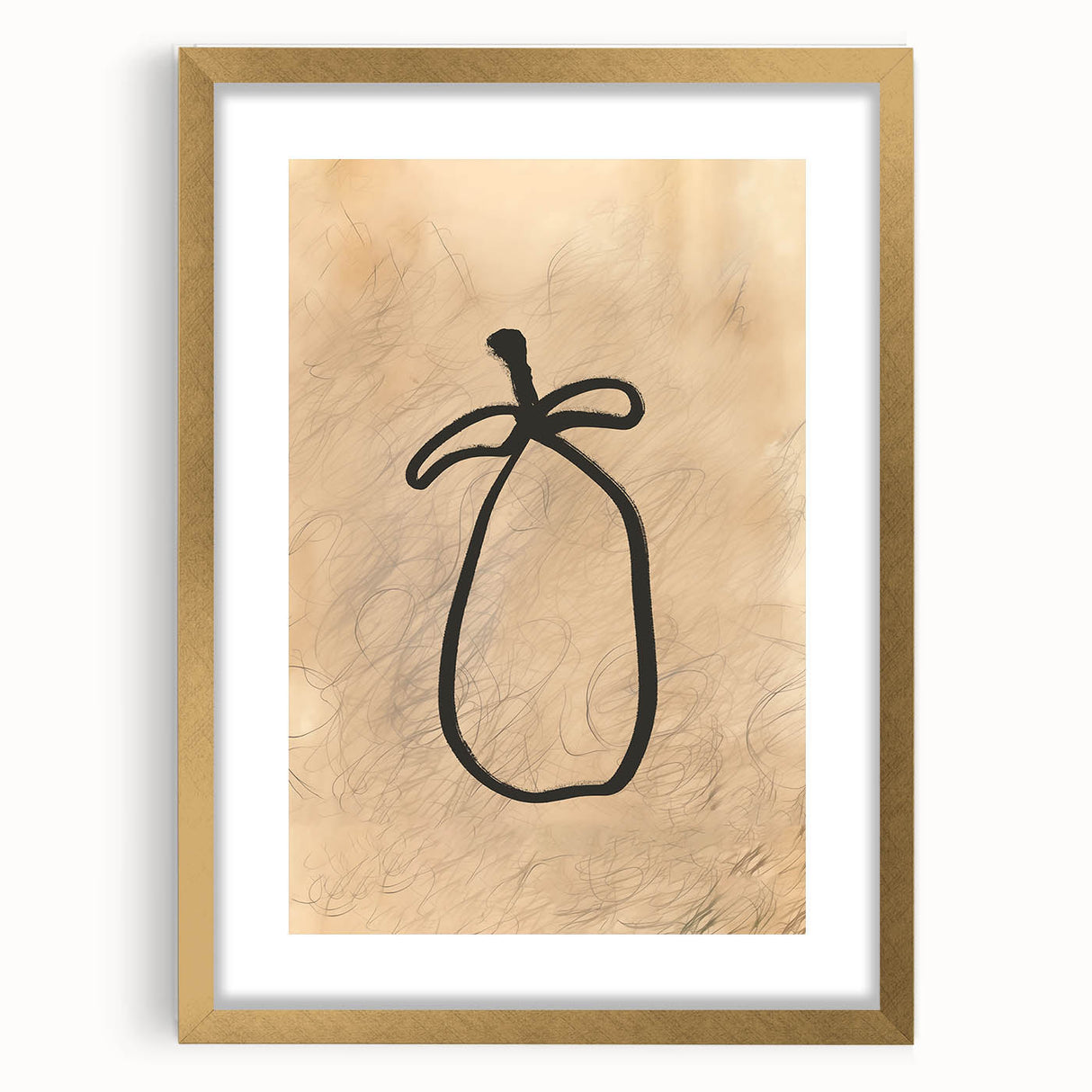 Abstract minimalist wall art design in a gold frame with a mat, showcasing a contemporary aesthetic. The artwork emphasizes clean lines and subtle tones, perfect for modern home decor.